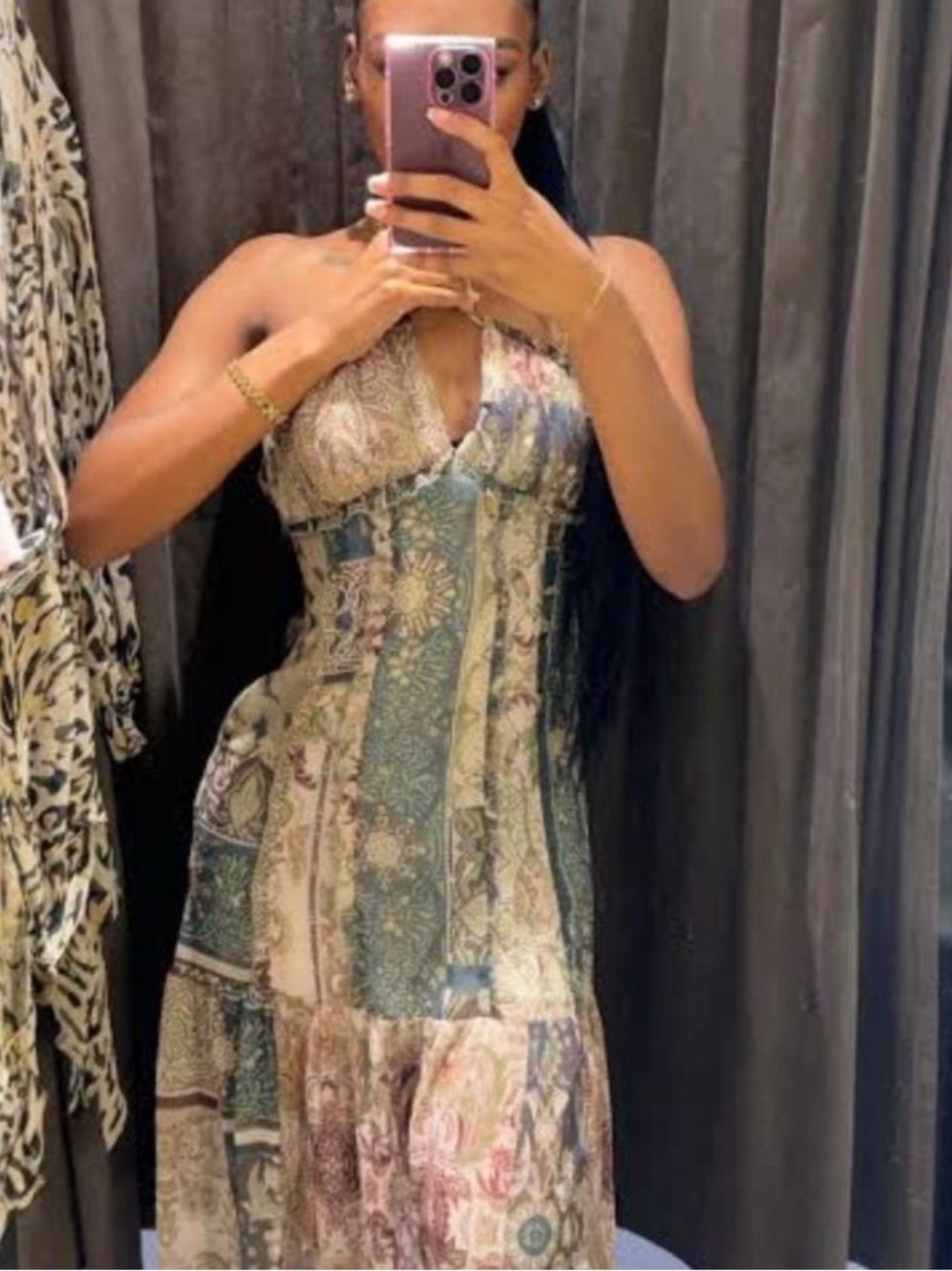 Zara Paisley Patchwork Spaghetti-Strap Maxi Dress in Neutral Mix and Blue - Picture 4 of 5